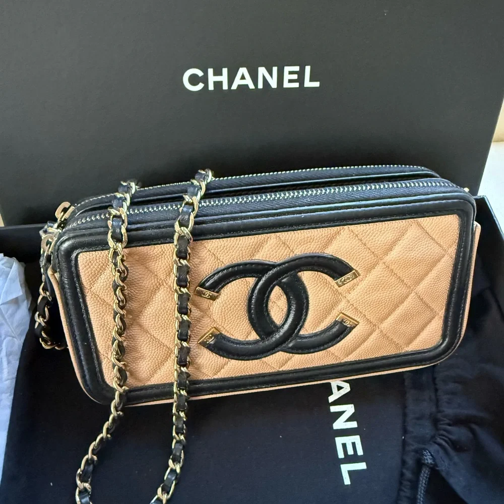 Chanel Caviar Filigree Cc Tan Quilted Leather Chain Crossbody Bag